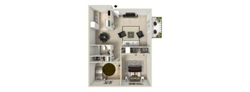two-bedroom, one-bathroom floor plan at Willowstone Apartments in Denver CO featuring 774 square feet with two private bedrooms, open living area, and full kitchen