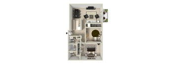 two-bedroom, two-bathroom apartment floor plan at Willowstone Apartments near the Cherry Creek School District offering up to 918 square feet with dual bathrooms and a spacious living layout