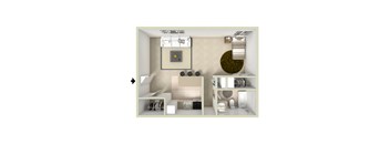 studio apartment floor plan at Willowstone Apartments in Southeast Denver featuring 550 square feet with an open living area, full kitchen, and private bathroom.
