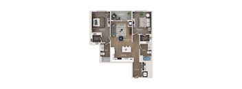A floor plan of a home with a living room, kitchen, and two bedrooms.