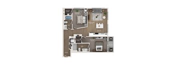 A floor plan of a house with two bedrooms, a living room, a kitchen, a bathroom, a walk-in closet, and a balcony.