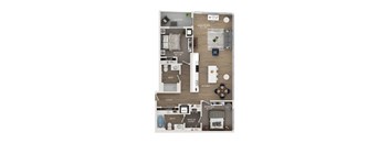 A floor plan of an apartment with a living room, bedroom, bathroom, kitchen, and balcony.