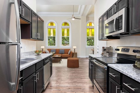 A modern kitchen with black cabinets and stainless steel appliances.