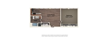 A floor plan of a small apartment with a kitchen, living room, bathroom, and bedroom.