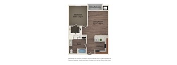 A floor plan of a small apartment with a bedroom, living room, kitchen, and bathroom.