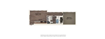 A floor plan of a room with a living room, kitchen, bath, and bedroom.