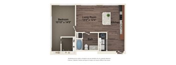 A floor plan of a small apartment with a bedroom, living room, kitchen, and bathroom.