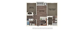 A floor plan of a home with a master bedroom, two bathrooms, a living room, and a kitchen.
