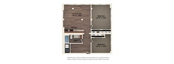 A floor plan of a house with a living room, kitchen, bathroom and two bedrooms.