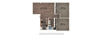 A floor plan of a house with a living room, kitchen, bathroom and two bedrooms.
