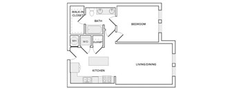 A floor plan of a small apartment with a bedroom, living/dining area, and kitchen.