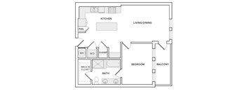 A floor plan of a home showing a kitchen, living room, dining room, bedroom, bathroom, and balcony.