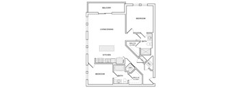 A floor plan of an apartment with two bedrooms, a living/dining area, a kitchen, a bath, and a balcony.