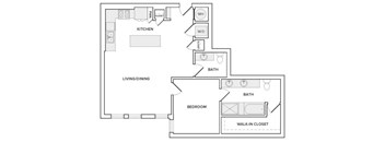 A floor plan of a home with a living/dining area, kitchen, two bathrooms, a bedroom, and a walk-in closet.