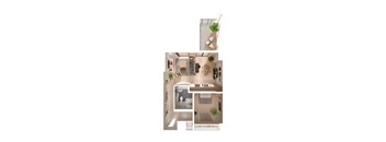 A top-down view of a house with a living room, kitchen, and bathroom.
