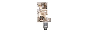 A series of images showing a kitchen, living room, and bathroom.
