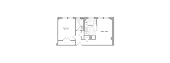 A floor plan of a room with a bedroom, kitchen, and living area.