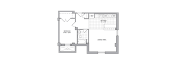 A floor plan of a house with a kitchen, bedroom, and living area.