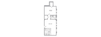 A floor plan of a room with a bedroom, living area, and kitchen.