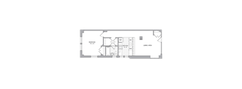A floor plan of a small apartment with a bedroom, a kitchen, and a living area.