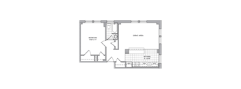 A floor plan of a room with a bedroom, living area, and kitchen.