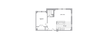 A floor plan of a room with a bedroom, living area, and kitchen.