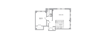 A floor plan of a house with a bedroom, living area, and kitchen.