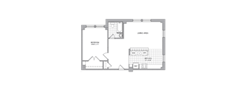 A floor plan of a living area with a bedroom and kitchen.