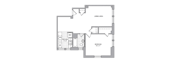 A floor plan of a small apartment with a living area, kitchen, and bedroom.