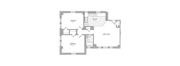 A floor plan of a house with two bedrooms, a kitchen, and a living area.
