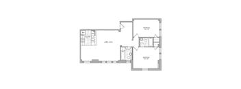 A floor plan of a house with two bedrooms, a living area, and a kitchen.