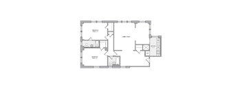A floor plan of a house with two bedrooms, a living area, a kitchen, and a bathroom.