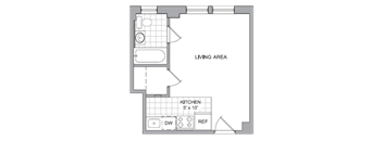 A floor plan shows a living area and a kitchen.