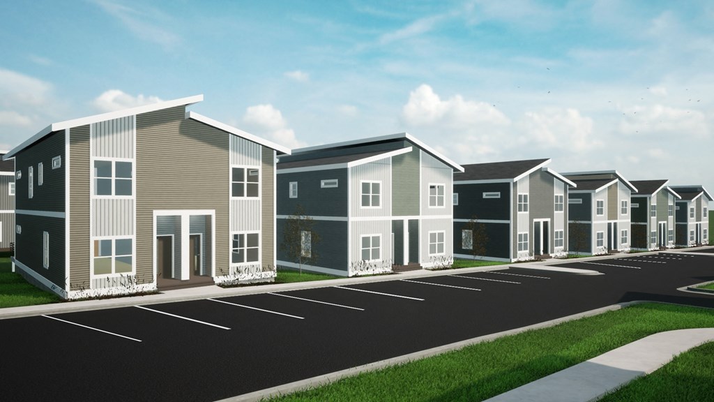 a rendering of a row of houses in a street