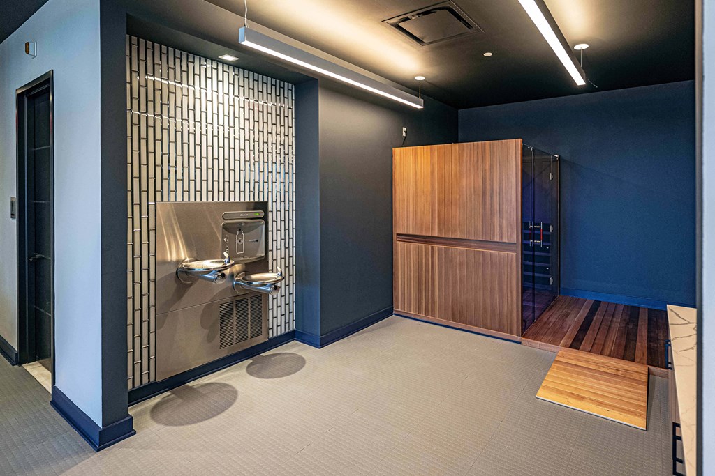 3thirty3 new rochelle ny apartment high rise photo of fitness center infrared sauna area with drinking water fountain and water bottle filling station
