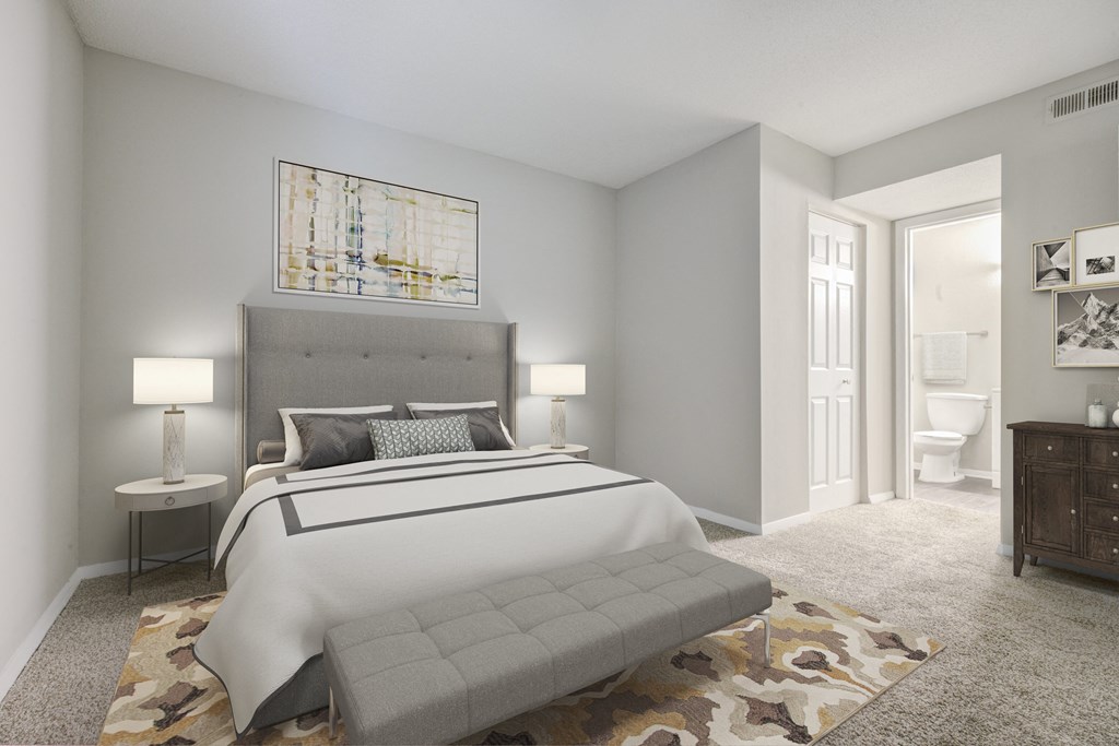 the timbers raleigh nc apartments for rent bedroom with large window and modern bedroom furnishings and matching artwork and area rug on top of plush carpet next to master bathroom