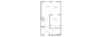 A floor plan of a small apartment with a kitchen, living room, bathroom, and bedroom.