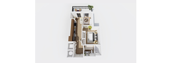 A 3D floor plan of a house with a living room, kitchen, and bathroom.