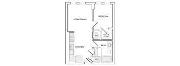 A floor plan of a small apartment with a living/dining area, kitchen, bedroom, bathroom, and walk-in closet.