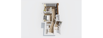 A top-down view of a modern, minimalist kitchen and living room.