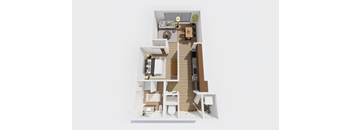 A top-down view of a house with a kitchen, living room, and bathroom.