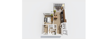 A top-down view of a small apartment with a kitchen, living room, and bathroom.