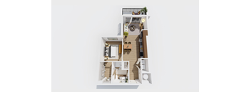 A 3D rendered image of a house layout with a living room, kitchen, and two bedrooms.