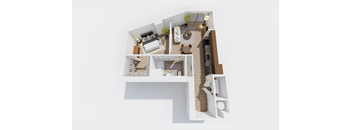 A 3D rendered image of a house layout.