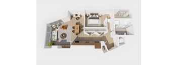 A 3D layout of a house with a kitchen, living room, and dining area.
