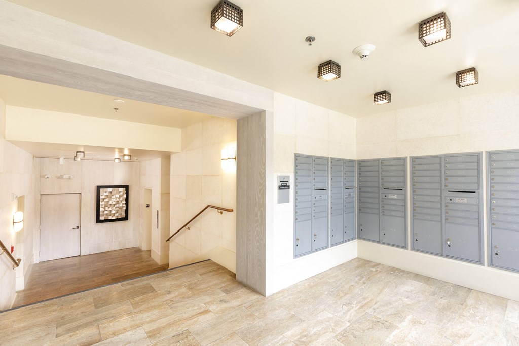 a view of the mail room from the hallway