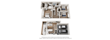 A 3D floor plan of a house with two bedrooms, a living room, a kitchen, and a garage.