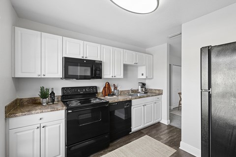 A black and white kitchen with a refrigerator on the right.