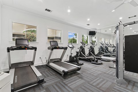 A gym with treadmills, elliptical machines, and a weight machine.