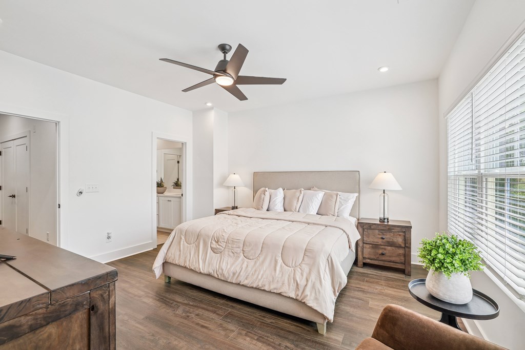 Spacious bedroom in pet-friendly townhomes at Henley Avondale in Avondale Estates, GA.